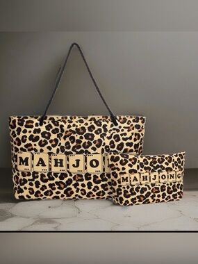 Leopard Print Mahjong Tote Bag Set 3 Piece Travel Storage Tote Pouch Rack Sleeve